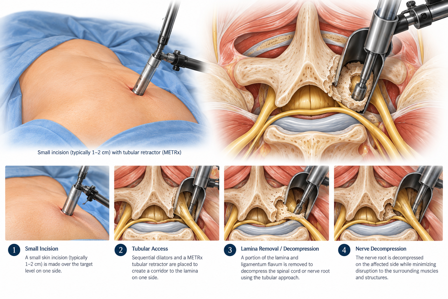 Artist rendering of a unilateral tubular approach for minimally invasive lumbar laminectomy