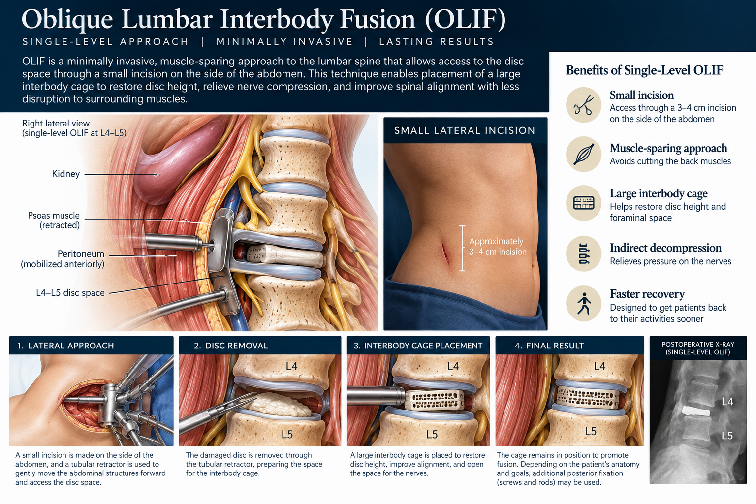Conceptual single-level OLIF medical diagram highlighting small lateral incision and interbody cage