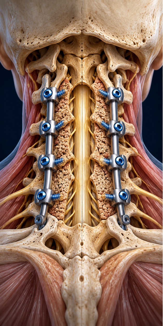 Conceptual posterior cervical laminectomy and fusion illustration