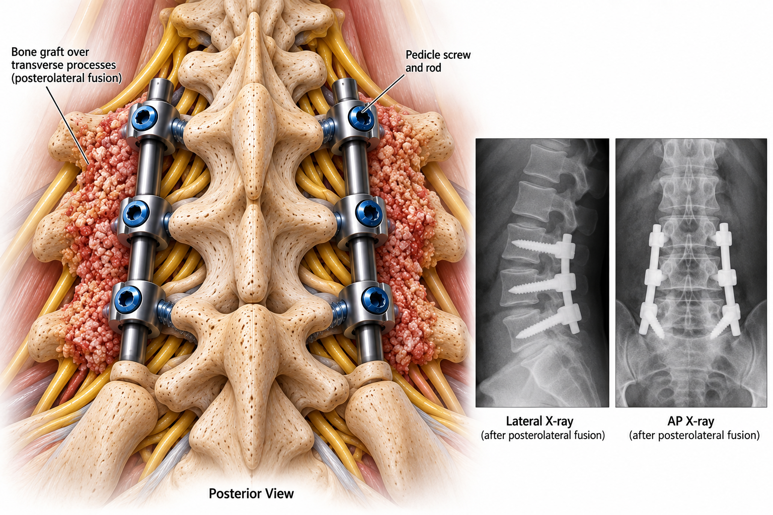 Educational illustration of posterior lumbar fusion showing bilateral bone graft over the transverse processes, pedicle screw and rod fixation, and illustrative AP and lateral X-ray-style views