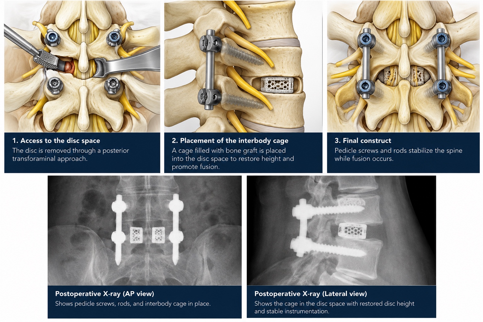 TLIF procedure illustration showing disc access, interbody cage placement, final pedicle screw construct, and illustrative AP and lateral postoperative X-ray views