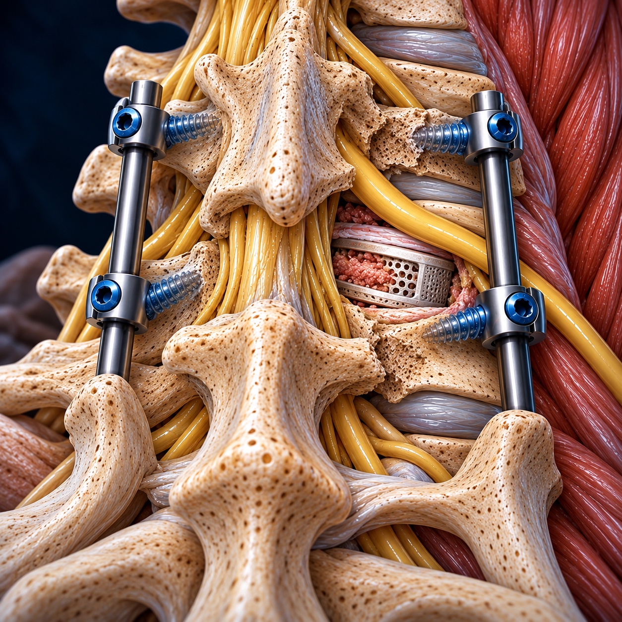 Illustration of lumbar interbody fusion with pedicle screws, rods, and interbody cage